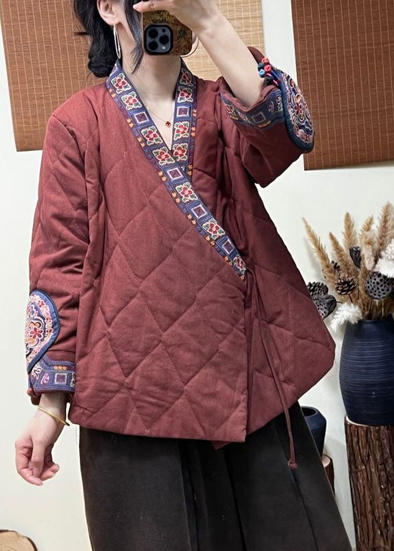  Elegant Rust Embroideried Patchwork Lace Up Fine Cotton Filled Coats Winter - Down Jackets - DYAVOR® 