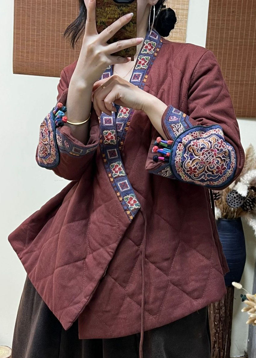  Elegant Rust Embroideried Patchwork Lace Up Fine Cotton Filled Coats Winter - Down Jackets - DYAVOR® 