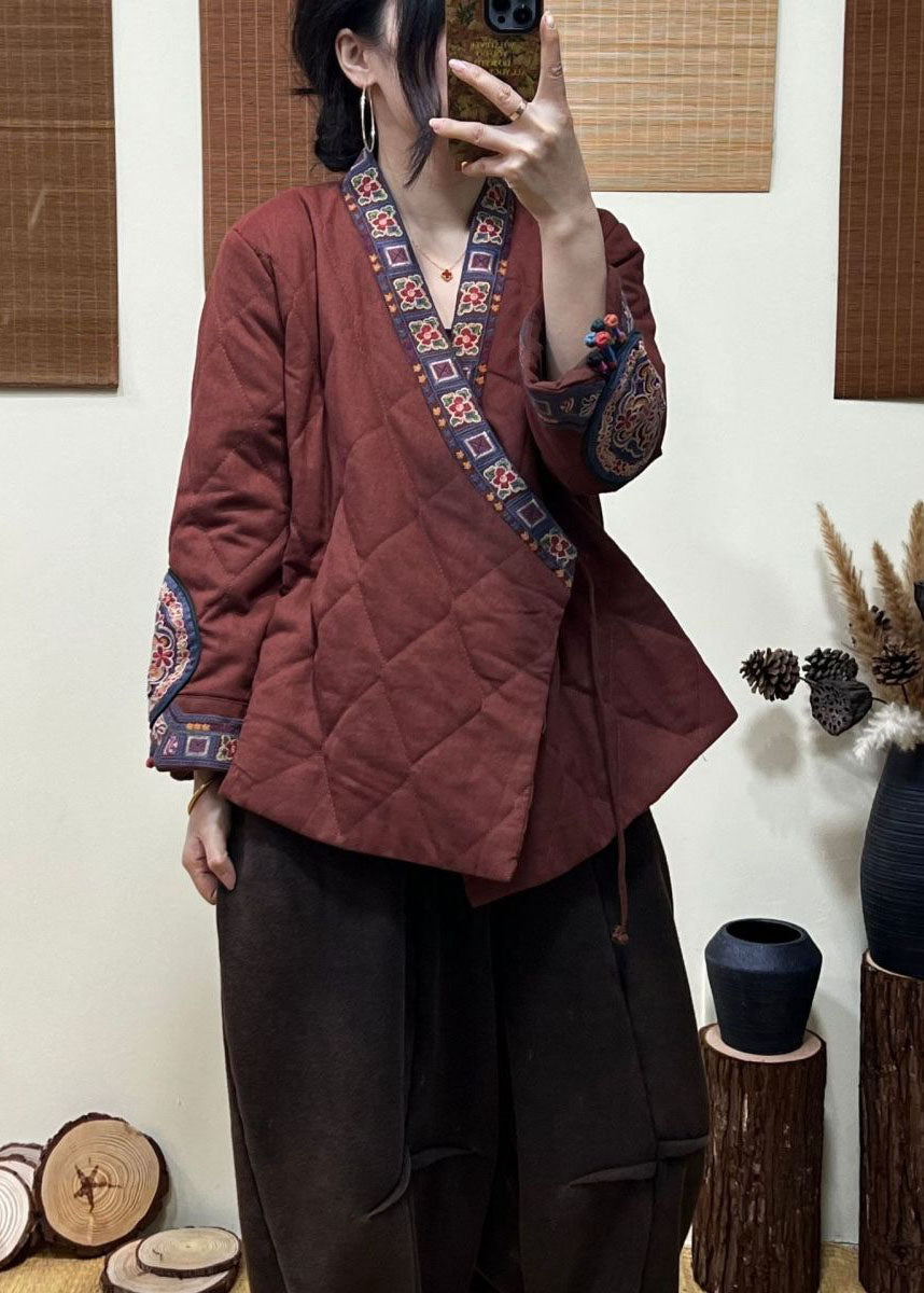  Elegant Rust Embroideried Patchwork Lace Up Fine Cotton Filled Coats Winter - Down Jackets - DYAVOR® 