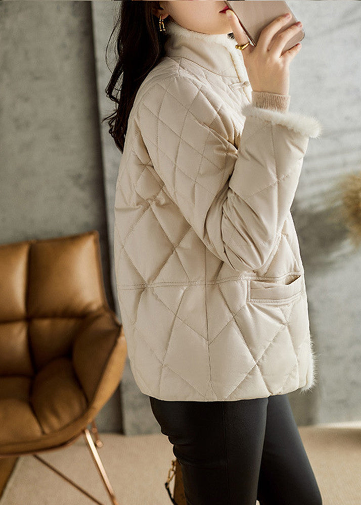 Elegant White Stand Collar Button Pockets Sheepskin Down Coat Long Sleeve