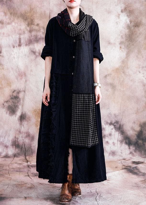 Elegant black cotton overcoat oversize trench coats fall linen outwear patchwork -  - DYAVOR® 