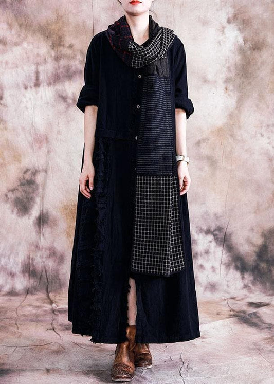  Elegant black cotton overcoat oversize trench coats fall linen outwear patchwork -  - DYAVOR® 