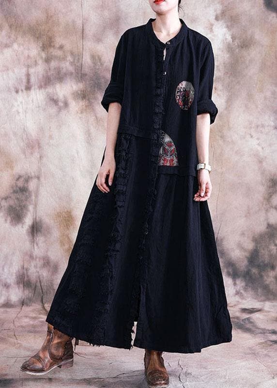  Elegant black cotton overcoat oversize trench coats fall linen outwear patchwork -  - DYAVOR® 