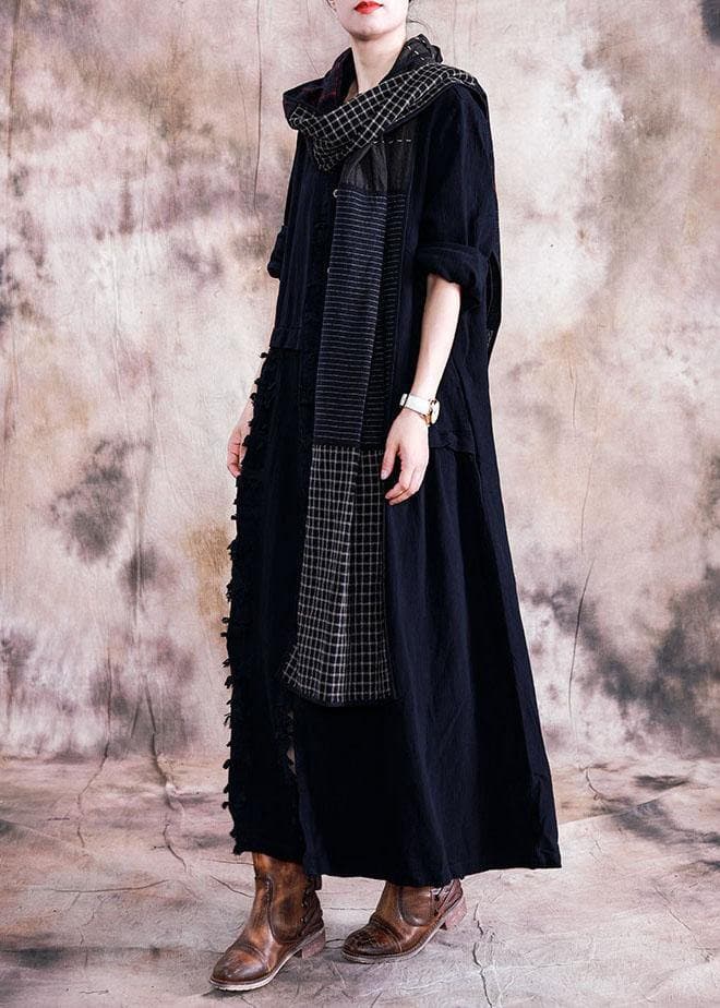  Elegant black cotton overcoat oversize trench coats fall linen outwear patchwork -  - DYAVOR® 