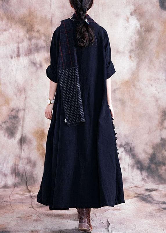  Elegant black cotton overcoat oversize trench coats fall linen outwear patchwork -  - DYAVOR® 