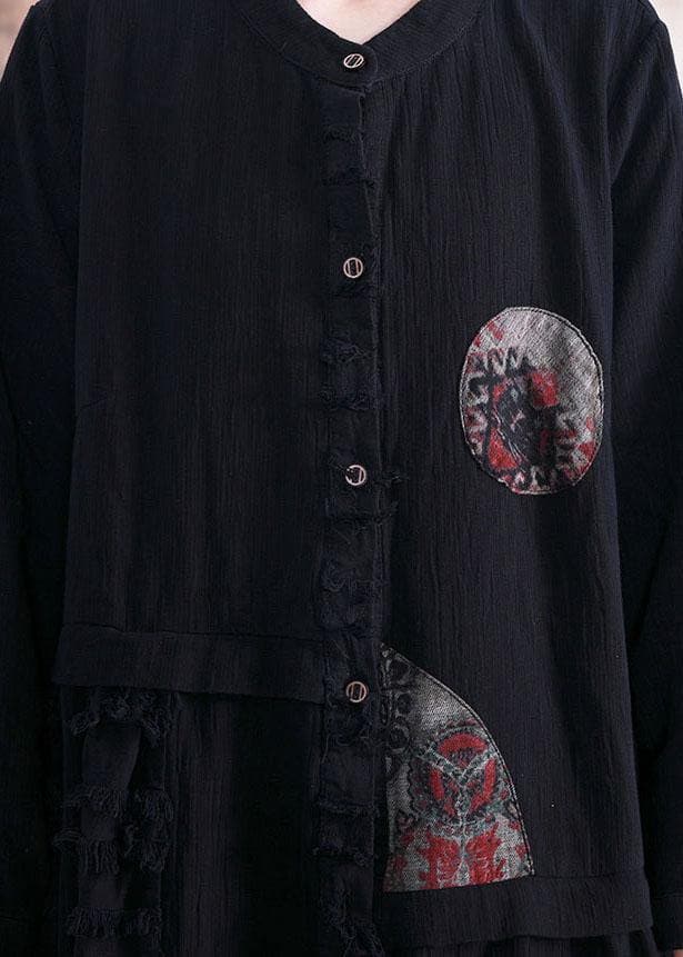  Elegant black cotton overcoat oversize trench coats fall linen outwear patchwork -  - DYAVOR® 
