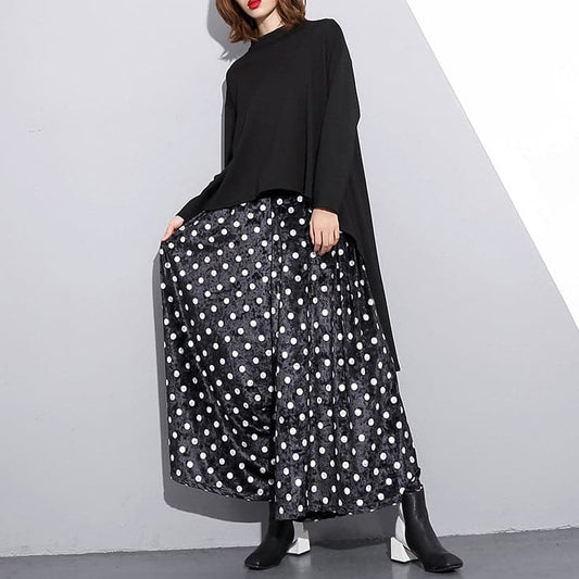  Elegant black dotted plus size clothing elastic waist traveling women wide leg pants cotton trousers -  - DYAVOR® 