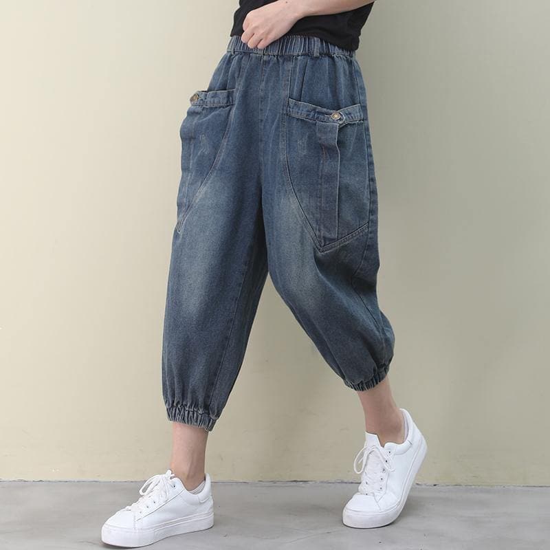 Elegant dark denim blue trousers  summer pockets Cotton shorts