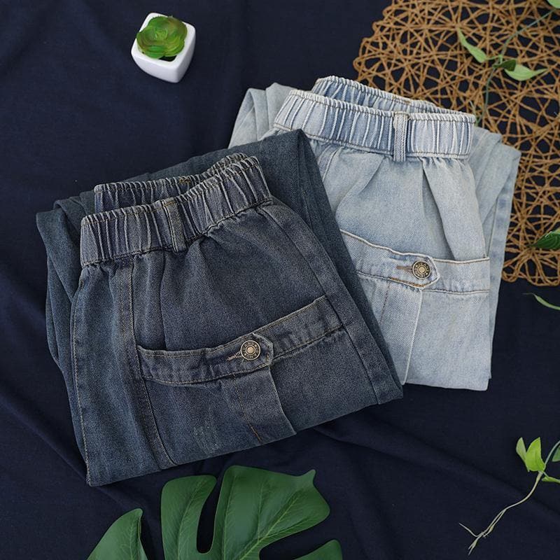 Elegant dark denim blue trousers  summer pockets Cotton shorts
