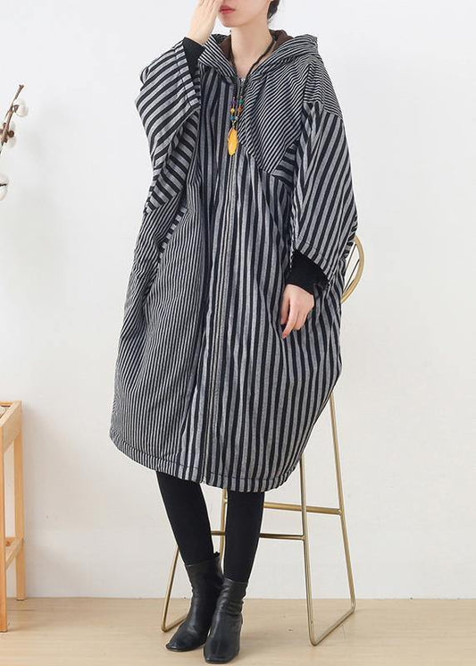  Elegant gray striped womens coats oversized winter hooded patchwork outwear -  - DYAVOR® 