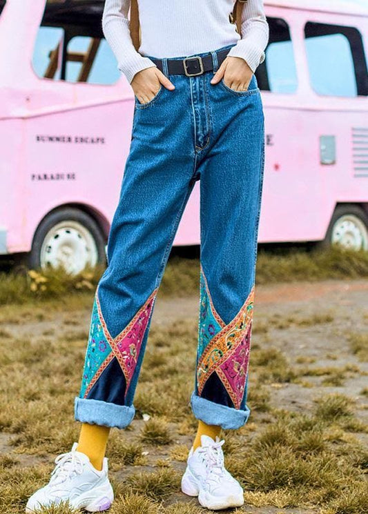  Elegant high waist pants fall fashion denim blue design patchwork pant -  - DYAVOR® 