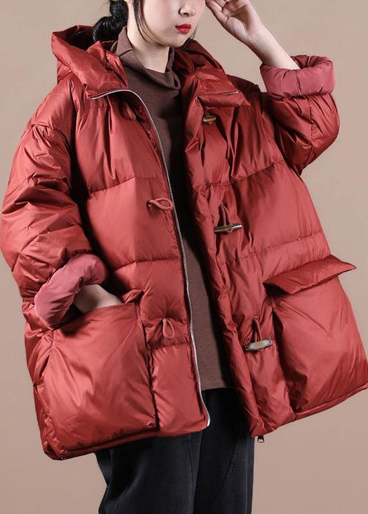 Elegant red warm winter coat Loose fitting womens parka hooded pockets Warm overcoat -  - DYAVOR® 