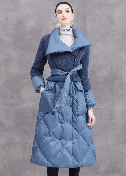  Elegant trendy plus size down jacket patchwork winter outwear blue tie waist warm winter coat -  - DYAVOR® 