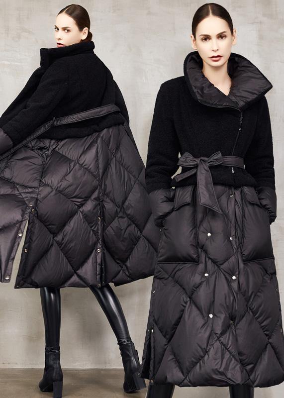  Elegant trendy plus size down jacket patchwork winter outwear blue tie waist warm winter coat -  - DYAVOR® 