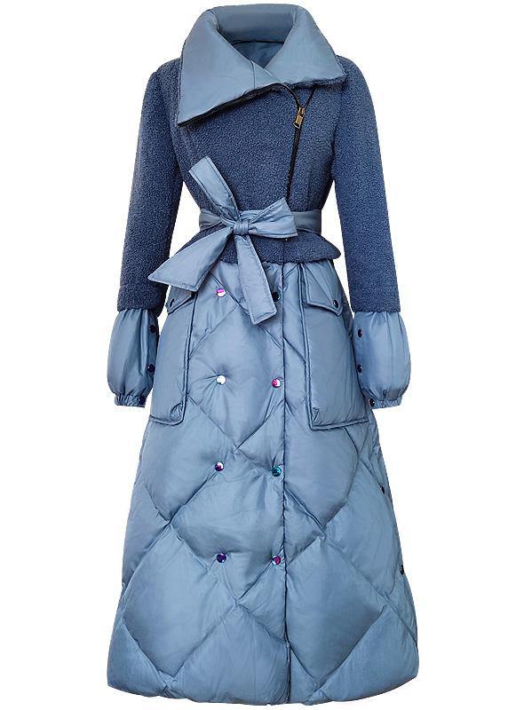  Elegant trendy plus size down jacket patchwork winter outwear blue tie waist warm winter coat -  - DYAVOR® 