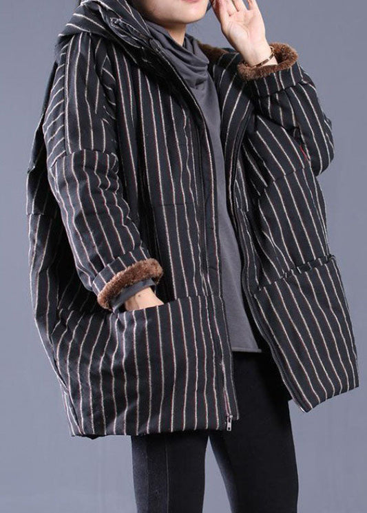 Fashion Black Hooded Striped Fine Cotton Filled Puffer Jacket Winter - Down Jackets - DYAVOR® 
