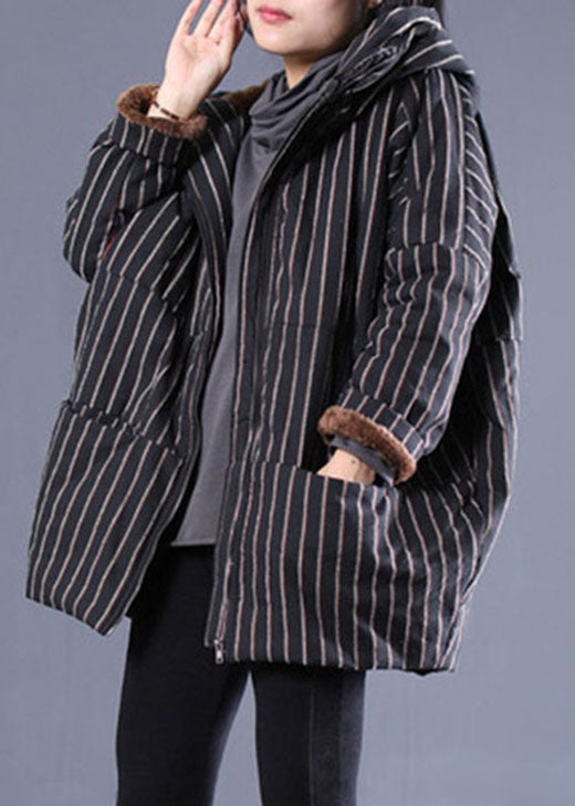  Fashion Black Hooded Striped Fine Cotton Filled Puffer Jacket Winter - Down Jackets - DYAVOR® 