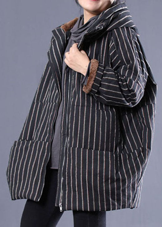  Fashion Black Hooded Striped Fine Cotton Filled Puffer Jacket Winter - Down Jackets - DYAVOR® 