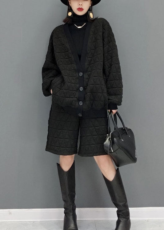  Fashion Black V Neck Fine Cotton Filled Two Pieces Set Winter - Down Jackets - DYAVOR® 
