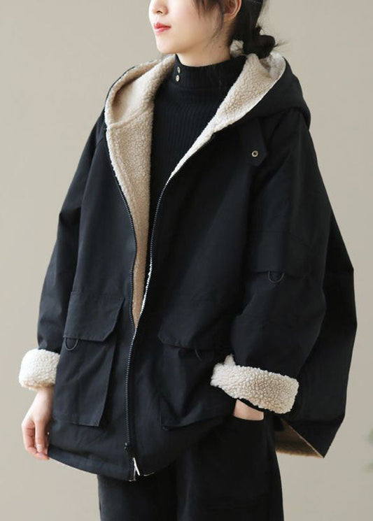  Fashion Black Zip Up Pockets Thick Fuzzy Wool Lined Cotton Hoodie Coat Winter - Down Jackets - DYAVOR® 