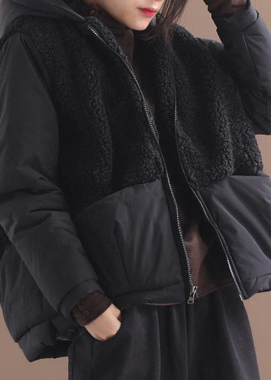  Fashion Black hooded Patchwork Zippered Long Sleeve Winter Coat - Down Jackets - DYAVOR® 