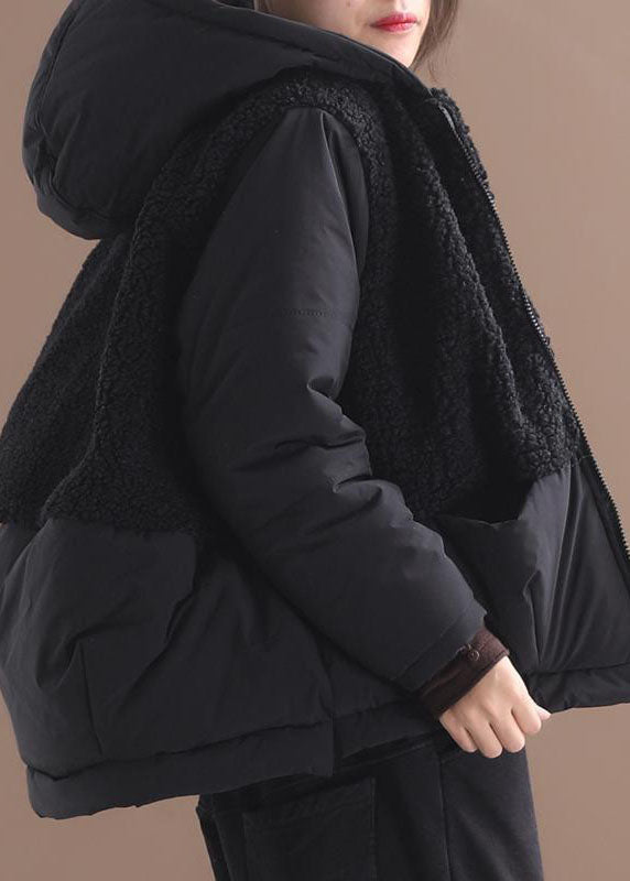  Fashion Black hooded Patchwork Zippered Long Sleeve Winter Coat - Down Jackets - DYAVOR® 