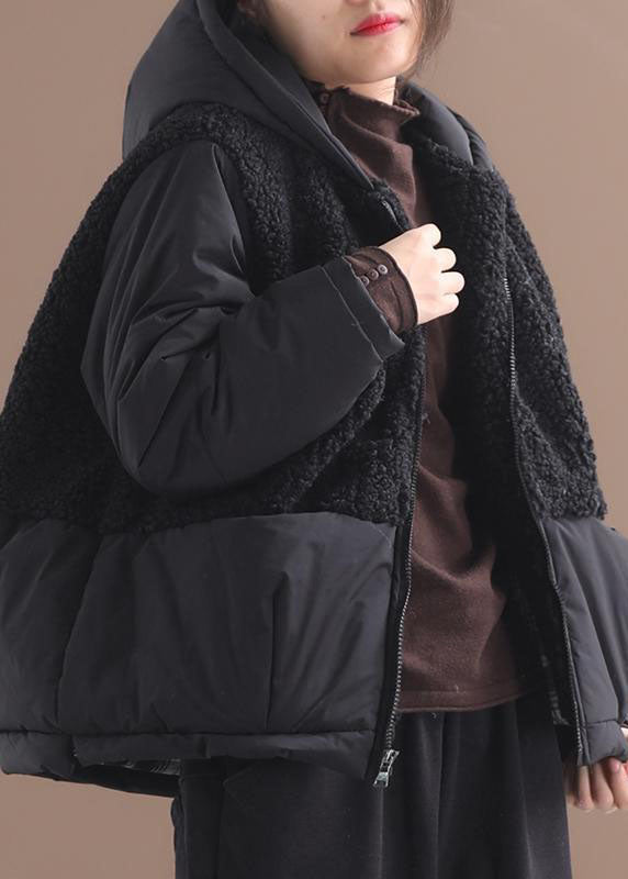  Fashion Black hooded Patchwork Zippered Long Sleeve Winter Coat - Down Jackets - DYAVOR® 