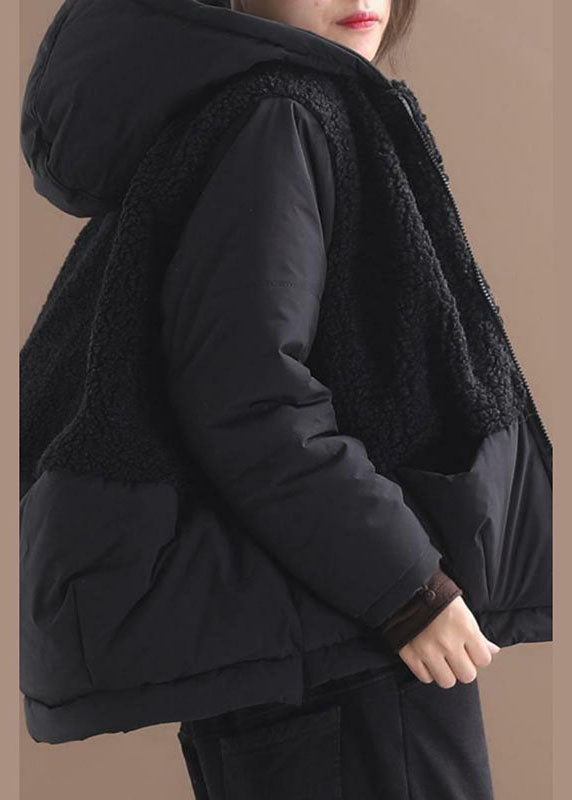  Fashion Black hooded Patchwork Zippered Long Sleeve Winter Coat - Down Jackets - DYAVOR® 