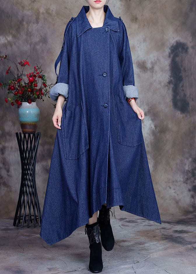 Fashion Blue asymmetrical design button Peter Pan Collar Cotton denim trench Coats Spring