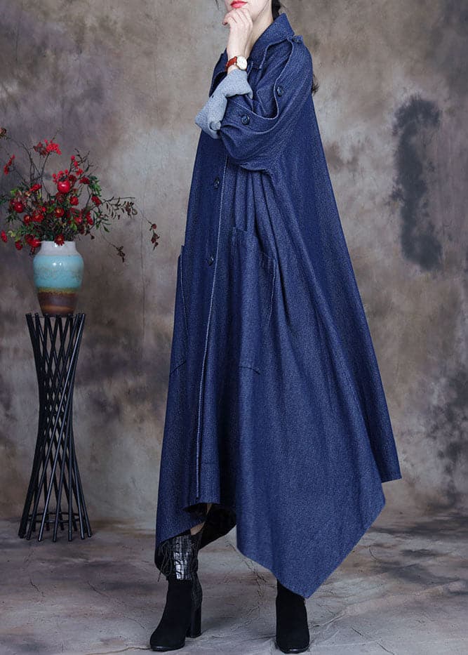 Fashion Blue asymmetrical design button Peter Pan Collar Cotton denim trench Coats Spring