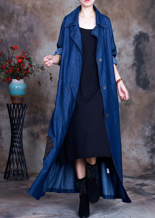  Fashion Blue button tie waist Peter Pan Collar Cotton denim trench coats Spring - Trench coats - DYAVOR® 