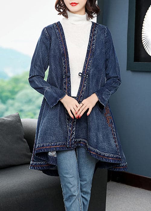  Fashion Blue low high design V Neck Embroideried Cotton Denim trench coats Long Sleeve - Trench coats - DYAVOR® 