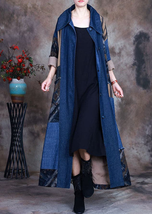  Fashion Blue tie waist Peter Pan Collar Patchwork Cotton denim Trench Spring - Trench coats - DYAVOR® 