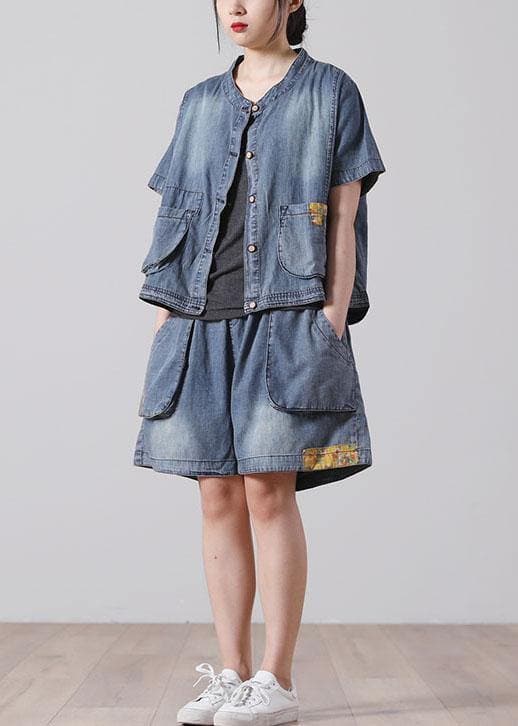  Fashion Button Blue Short Sleeve tops hot pants Denim Two Piece Suit Set - short sleeved tops - DYAVOR® 