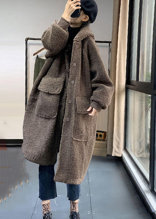  Fashion Chocolate Hooded Oversized Teddy Faux Fur Long Coats Winter - Down Jackets - DYAVOR® 