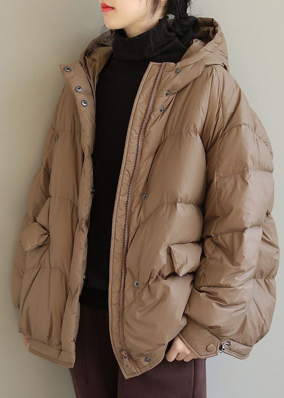  Fashion Khaki Hooded Zippered Pockets Winter Down Coat Long sleeve - Down Jackets - DYAVOR® 