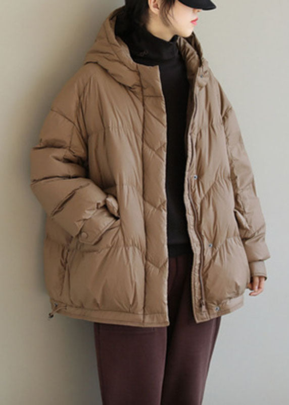  Fashion Khaki Hooded Zippered Pockets Winter Down Coat Long sleeve - Down Jackets - DYAVOR® 