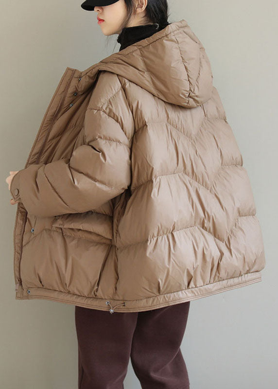  Fashion Khaki Hooded Zippered Pockets Winter Down Coat Long sleeve - Down Jackets - DYAVOR® 