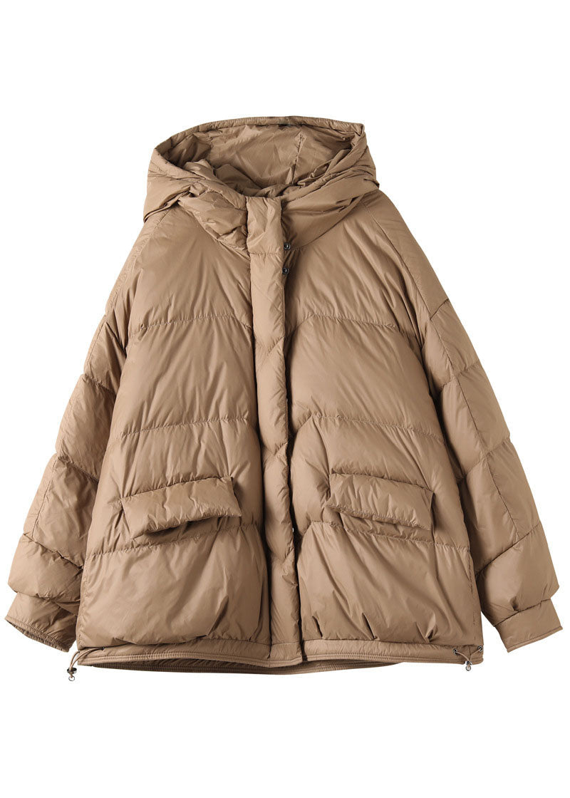  Fashion Khaki Hooded Zippered Pockets Winter Down Coat Long sleeve - Down Jackets - DYAVOR® 