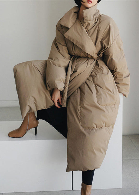  Fashion Khaki Stand Collar Pockets Womens Parka Long Sleeve - Down Jackets - DYAVOR® 