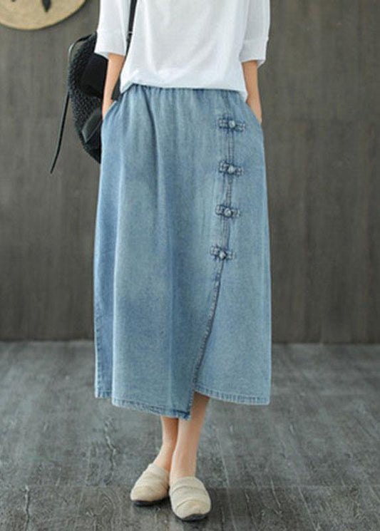 Fashion Light Blue Asymmetrical Design Button A Line Pockets Fall Skirts