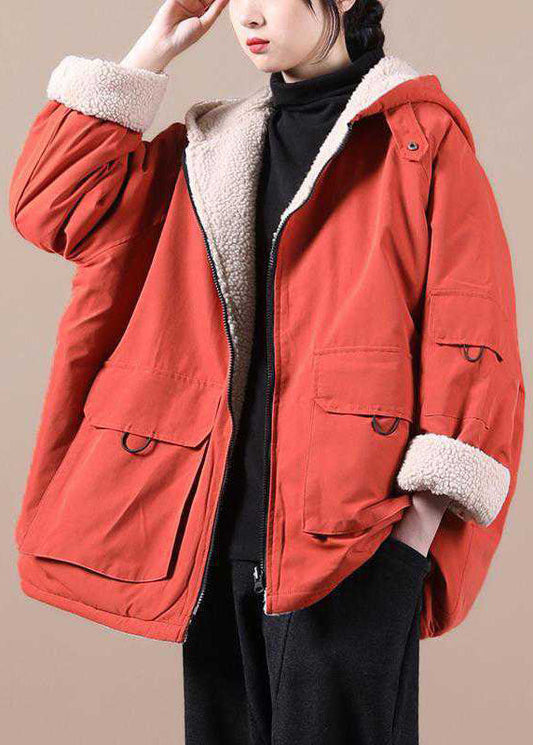  Fashion Orange hooded zippered Pockets Loose Winter parkas Coat - Down Jackets - DYAVOR® 
