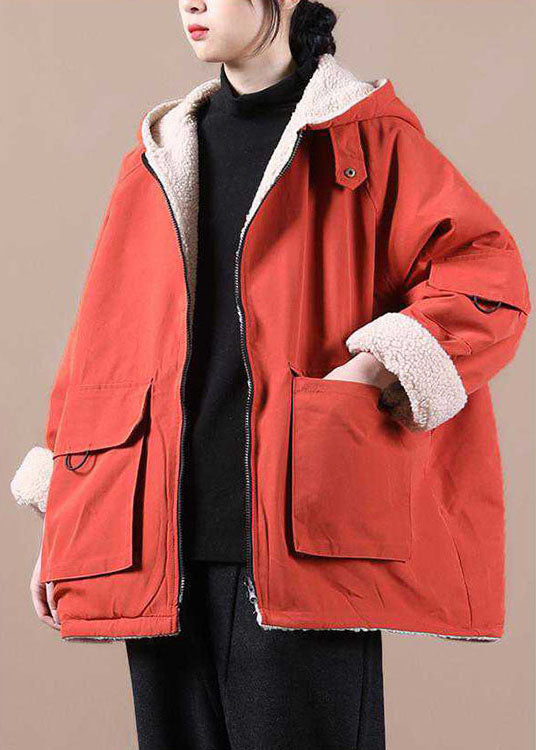  Fashion Orange hooded zippered Pockets Loose Winter parkas Coat - Down Jackets - DYAVOR® 