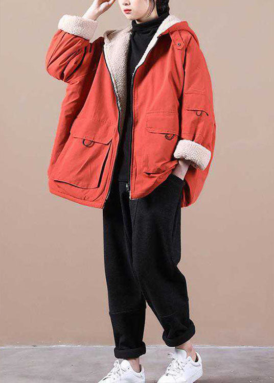  Fashion Orange hooded zippered Pockets Loose Winter parkas Coat - Down Jackets - DYAVOR® 