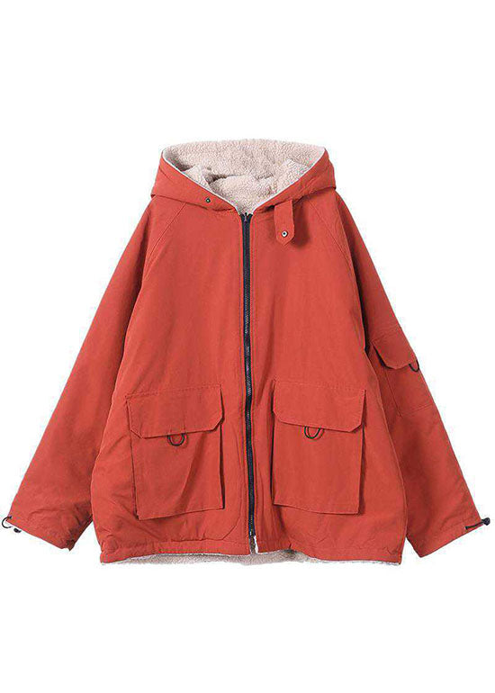  Fashion Orange hooded zippered Pockets Loose Winter parkas Coat - Down Jackets - DYAVOR® 