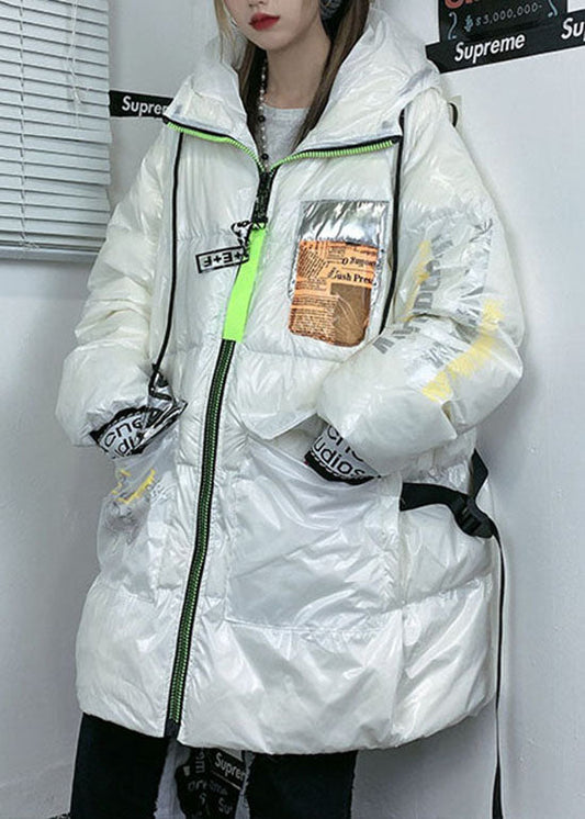  Fashion White zippered Hooded Print Duck Down coats Winter - Down Jackets - DYAVOR® 