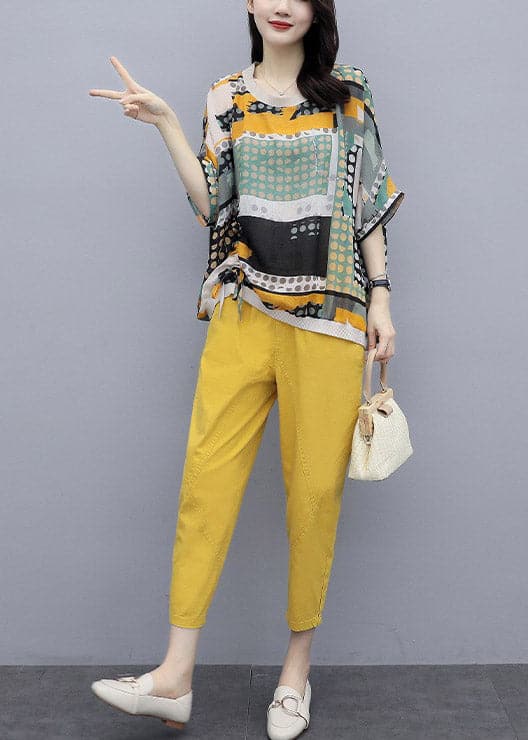  Fashion Yellow O-Neck Print Top And Pants Two Pieces Set Summer - Two Pieces Set - DYAVOR® 