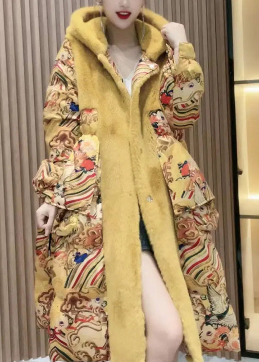  Fashion Yellow Print Patchwork Button Faux Fur Thick Long Hooded Coat Winter - Down Jackets - DYAVOR® 