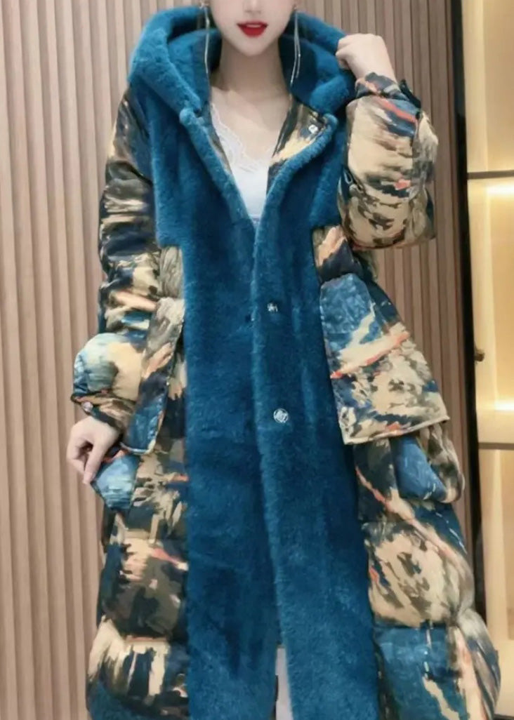  Fashion Yellow Print Patchwork Button Faux Fur Thick Long Hooded Coat Winter - Down Jackets - DYAVOR® 