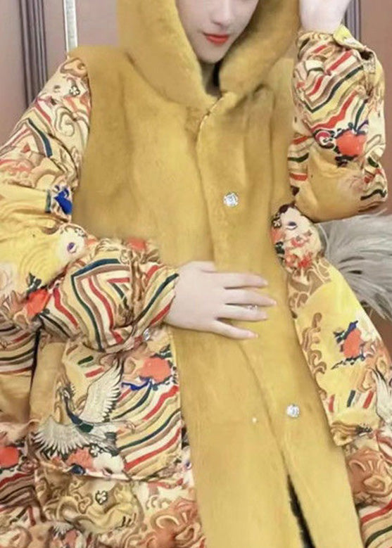  Fashion Yellow Print Patchwork Button Faux Fur Thick Long Hooded Coat Winter - Down Jackets - DYAVOR® 